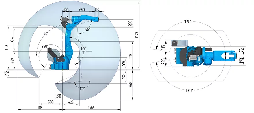Диапазон движения по осям Диапазон движения по осям